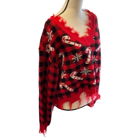 Derek Heart Distressed Cropped V Neck Sweater Junior Size L Plaid Candy Cane - Picture 4 of 16